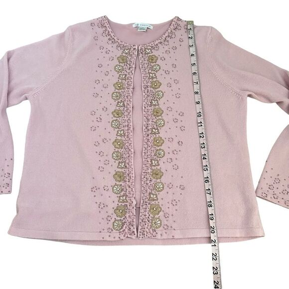 Vintage Women Petite M Sweater Cardigan Pink Gold Beaded Ornate Sparkle Jacket - Picture 7 of 11